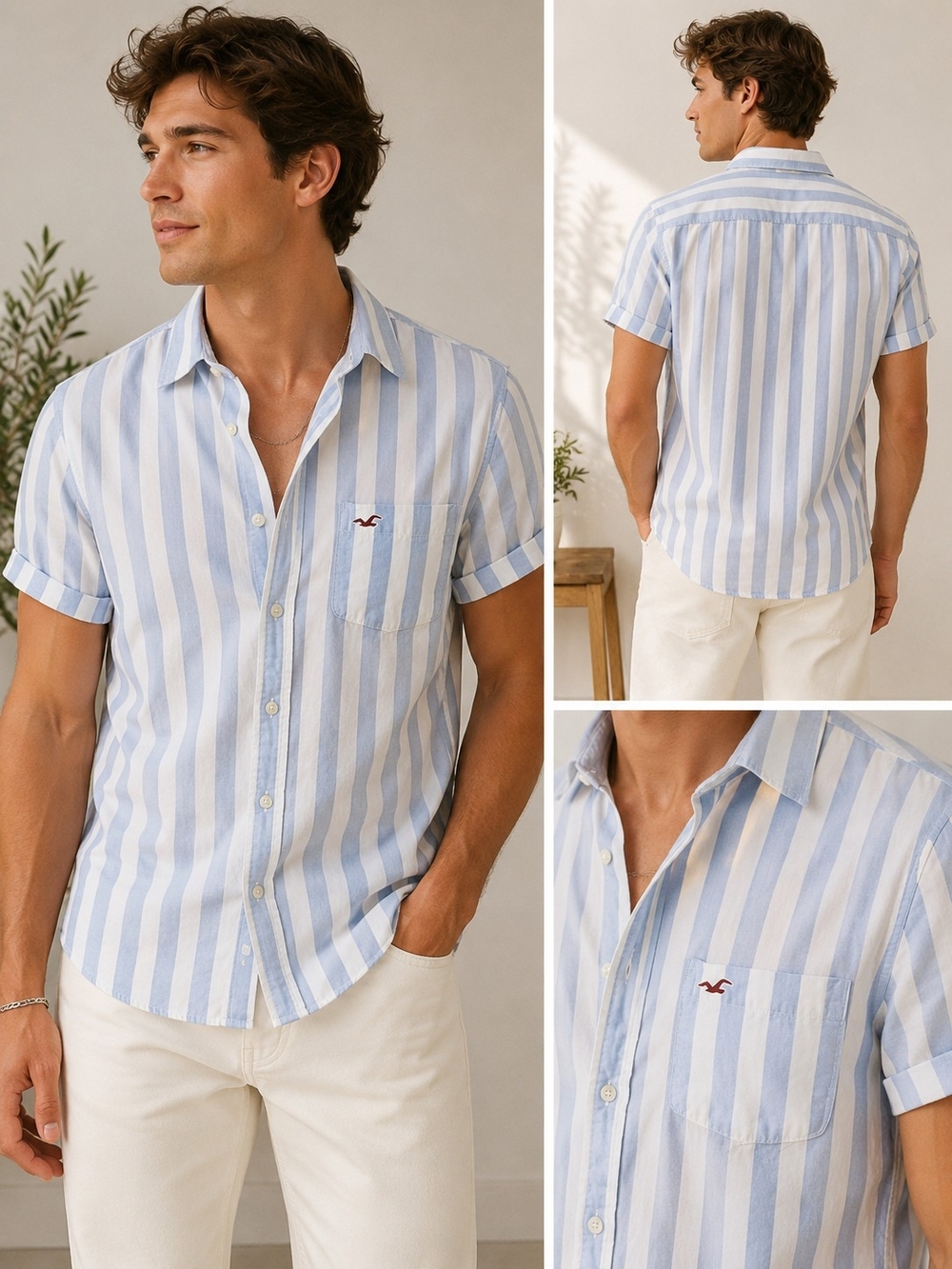 Hollister Men’s Blue & White Stripe Short-Sleeve Button-Down Shirt PTP 21